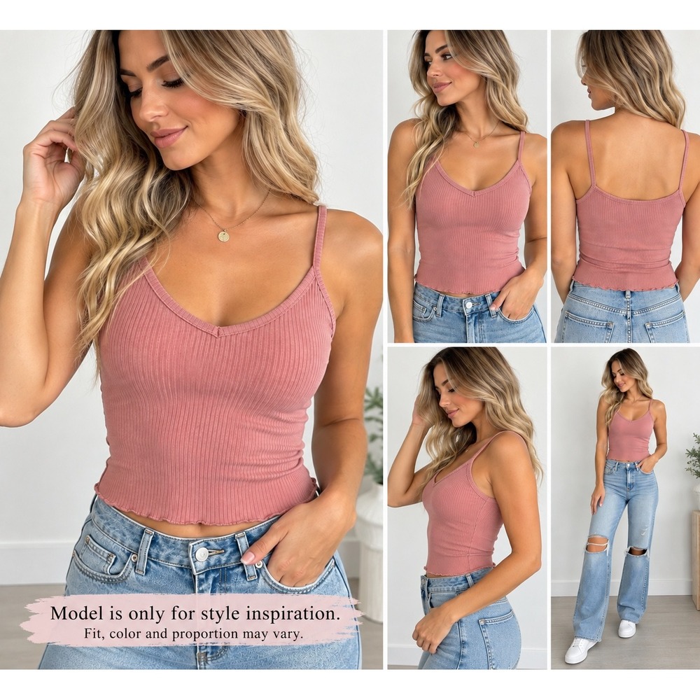 Destined Tank Top Womens S Dusty Rose Ribbed Cami V Neck Lettuce Hem Crop Y2K